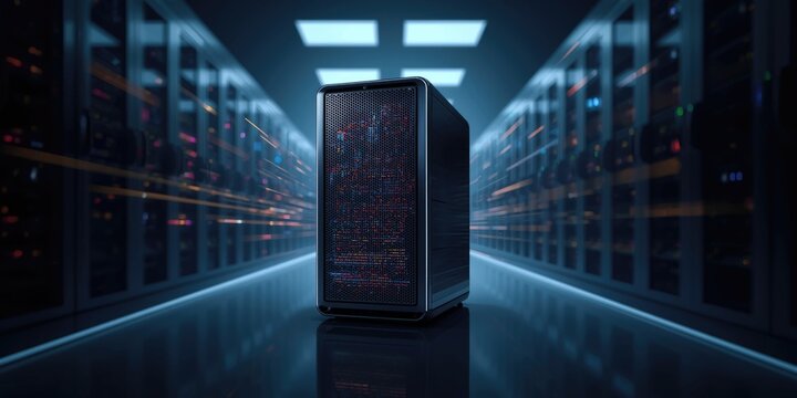 Server tower illuminated in a data center hallway