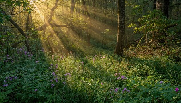 Sunlight Streaming Through Trees in a Forest with Wildflowers and Lush Greenery