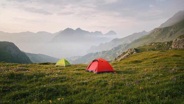 Colorful Tents Set Up on a Green Meadow with Mountains in the Background at Dusk