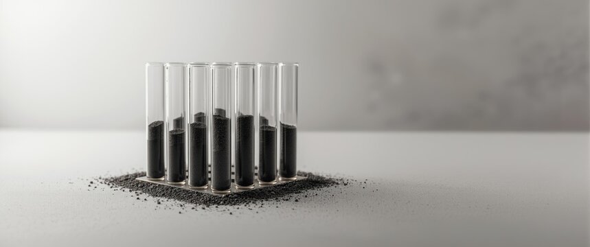 Test Tubes with Black Granules on a Solid Surface in Minimalist Setting