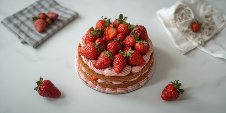 Strawberry Topped Cake on a Marble Table with Fresh Strawberries and Gray Napkin