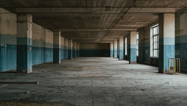 inside a neglected warehouse with peeling paint and cracked floors