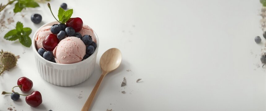 Ice Cream Scoops Topped with Blueberries and Cherries in a White Bowl on a Light Surface