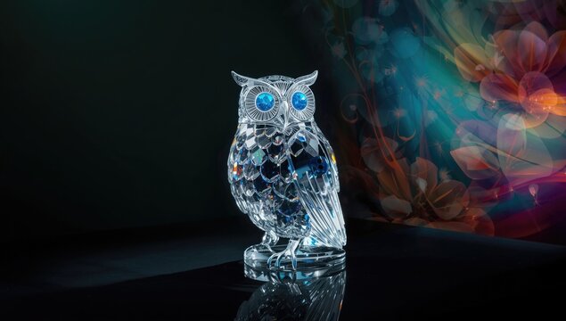 Crystal Owl Figurine with Blue Eyes on a Dark Surface and Colorful Background