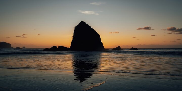 Silhouette of Rock Formation at Sunset - Coastal Reflection, Calm Ocean, Dramatic Colors