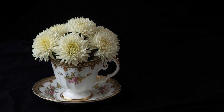 White Chrysanthemums in Vintage Teacup - Dark Background, Elegant Arrangement