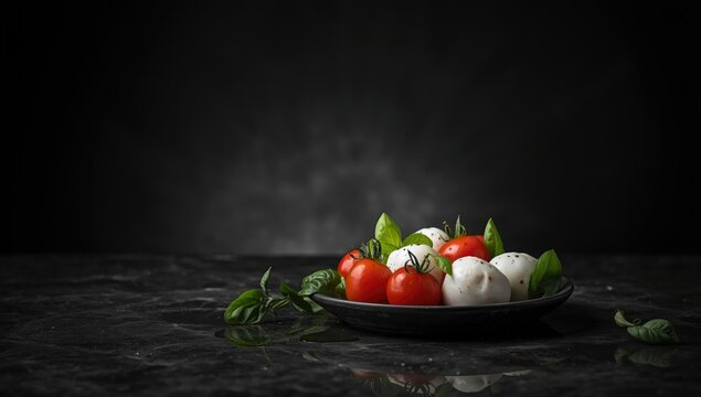 Fresh Tomatoes and Mozzarella Balls with Basil Leaves on a Dark Surface