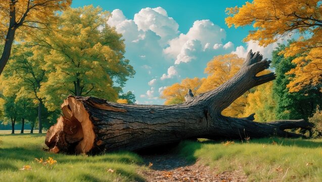 The tree fallen out of the soil with all its roots spanning the path. Wild nature.
