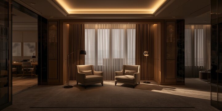 Sophisticated hotel suite interior with glowing LED ambiance and elegant armchairs