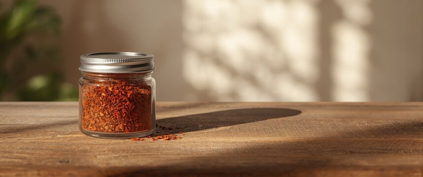Glass Jar of Red Spice with Shadow on Wooden Surface in Soft Light