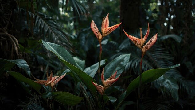 Exotic Flowers Blooming Amidst Lush Jungle Foliage in Dim Light