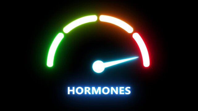 Hormones level gauge indicator with neon glowing needle and color-coded scale for medical and scientific data visualization
