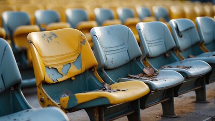 Fototapeta premium Old coloured empty stadium seats viewed from above.