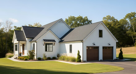 Obraz premium Modern Farmhouse With Attached Two-Car Garage On Sunny Day