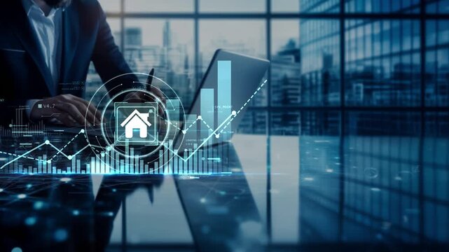 Real estate investment strategy with house icon, rising property value chart, digital market analytics and business growth with businessman in futuristic office