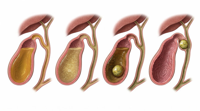 Medical Illustration Demonstrating the Stages of Gallstone Formation and Gallbladder Obstruction Processes