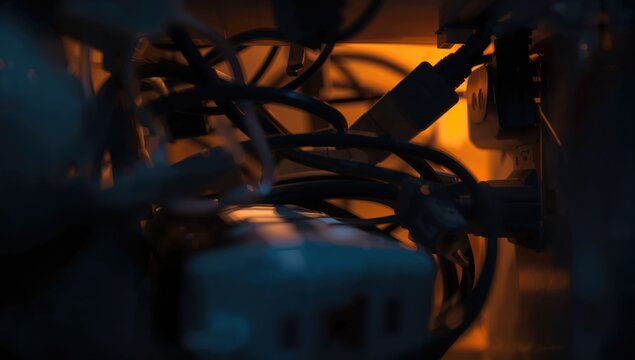 Tangled Electrical Cords and Plugs with Warm Light Glow in Dark Setting