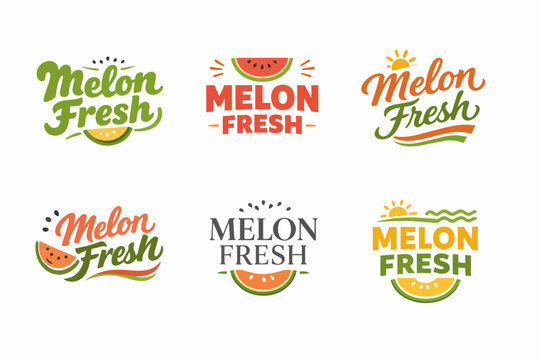 Melon fresh logos set with various fruit branding designs, representing organic summer product typography and watermelon icons