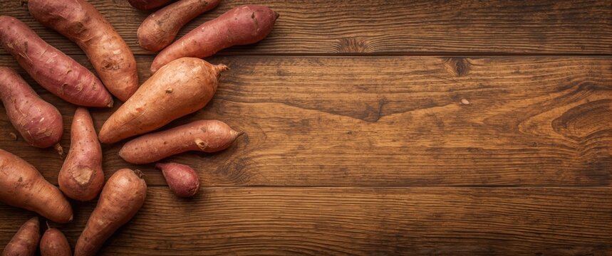 Sweet Potatoes Arranged on a Rustic Wooden Surface with Natural Texture