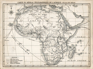 Fototapeta premium Vintage map of African telegraph network at end of 19th century