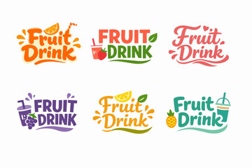 Obraz premium Fruit drink logos presenting various liquid beverages, fruits, and straws, suitable for organic or fresh product branding