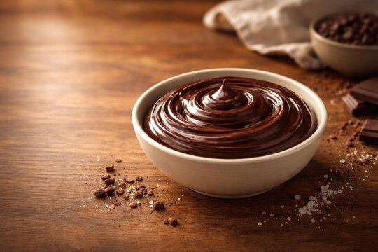 Rich Chocolate Ganache in a White Bowl on a Wooden Table with Cocoa Beans