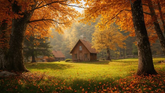 Autumn Cabin Surrounded by Golden Leaves in a Misty Forest