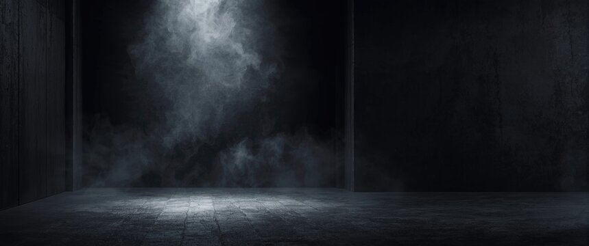 Mysterious Dark Room with Fog and Spotlight Creating Dramatic Atmosphere