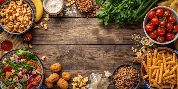 Fresh ingredients and snacks arranged on a wooden table