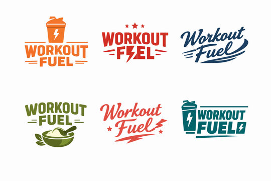 Workout fuel logos collection, set of emblems for energy boost, fitness nutrition, and sport supplement branding