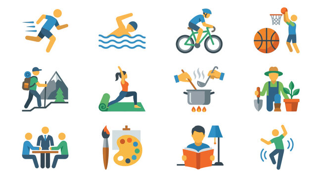 Various people engaging in sports and hobbies in different settings with vector graphics
