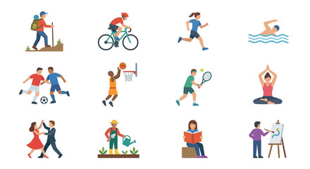 Fototapeta premium Various people engaging in leisure sports and hobbies in a vector set illustration