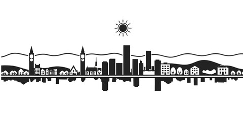 Obraz premium Black and white city skyline silhouette png banner with water reflection and shining sun illustration