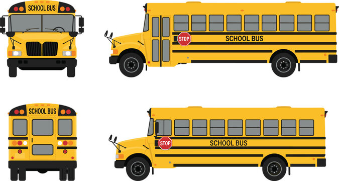 Yellow school bus vector template with front side and back view angles for corporate vehicle branding