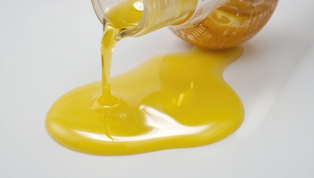 Yellow Liquid Pouring from a Bottle on White Surface