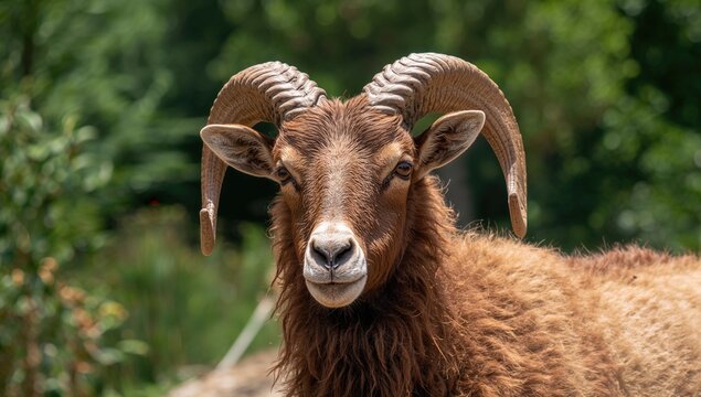 Mouflon Sheep Gazing Curiously in a Lush Green Landscape Under Bright Sunlight