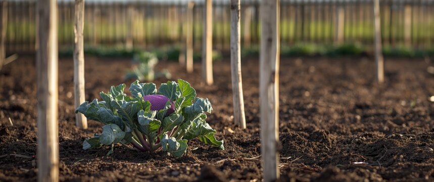 Purple Cabbage Growing in a Garden Bed Surrounded by Wooden Stakes