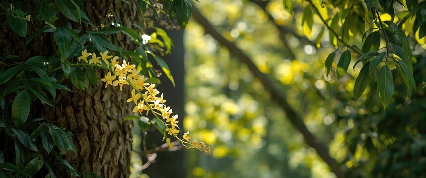 Yellow Orchid Blooming on Tree Branch - Sunlit Forest Background, Soft Focus, Natural Beauty