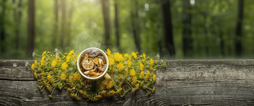 Cup of Dried Fruits on a Wooden Surface Surrounded by Yellow Flowers in a Sunny Forest