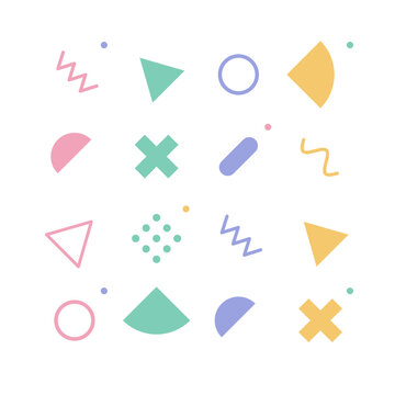 Memphis elements collection on a tilted diagonal layout, soft pastel