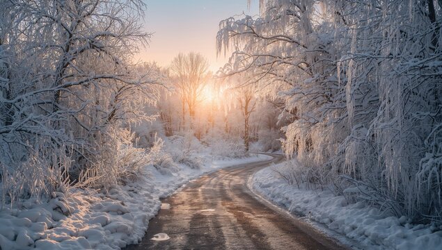 Snowy Winter Road at Sunrise - Frost-Covered Trees, Serene Atmosphere, Soft Light