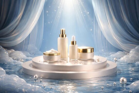 Luxury Skincare Products Displayed on a Round Stand with Soft Blue Background and Pearls