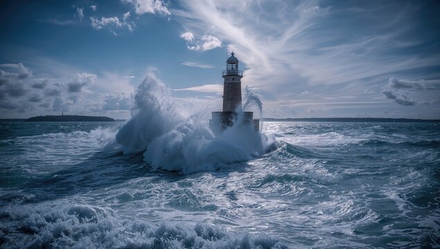 Lighthouse Standing Strong Against Waves in a Dramatic Ocean Scene