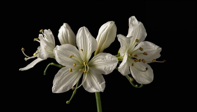 White Flowers in Closeup Against a Black Background