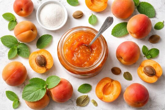 Fresh Apricot Jam in a Jar Surrounded by Whole and Halved Apricots with Mint Leaves