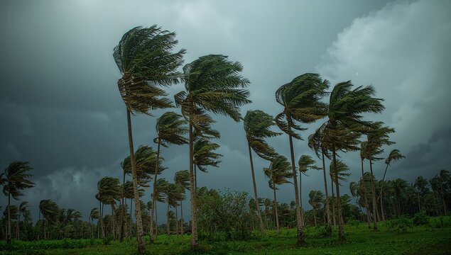 Windblown Palm Trees Against a Dark Stormy Sky in a Lush Landscape