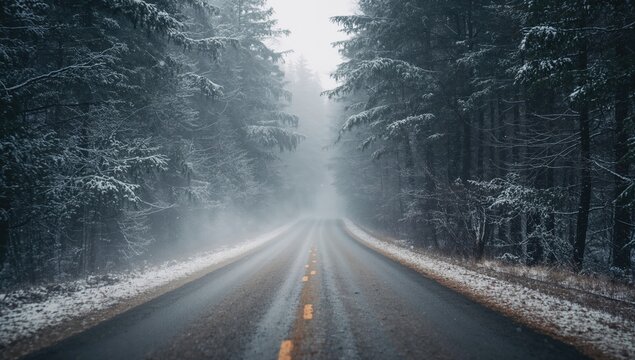 Snowy Road Heading into a Misty Forest during Winter