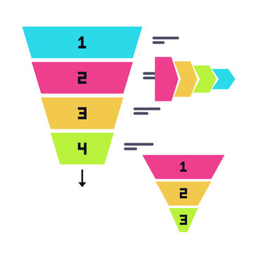 Flat style process arrow infographic set, sales funnel with 4 numbered layers and inverted pyramid, dark neon color scheme