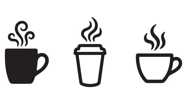 Set of three coffee featuring a mug, a takeaway cup, and a small espresso cup with steam, graffiti black silhouette on white background