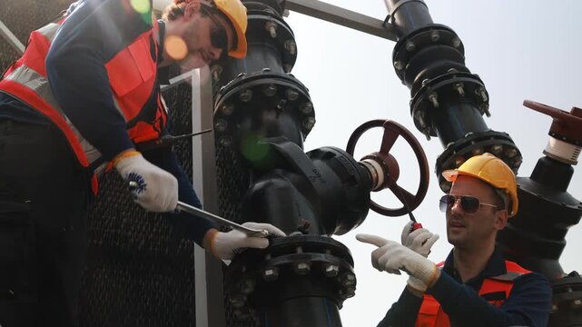 Team male technicians working HVAC water cooling systems inspects water pipe connections cooling tower circulation (Evap) systems using efficient technology checks leakcombination wrench tighten nuts.